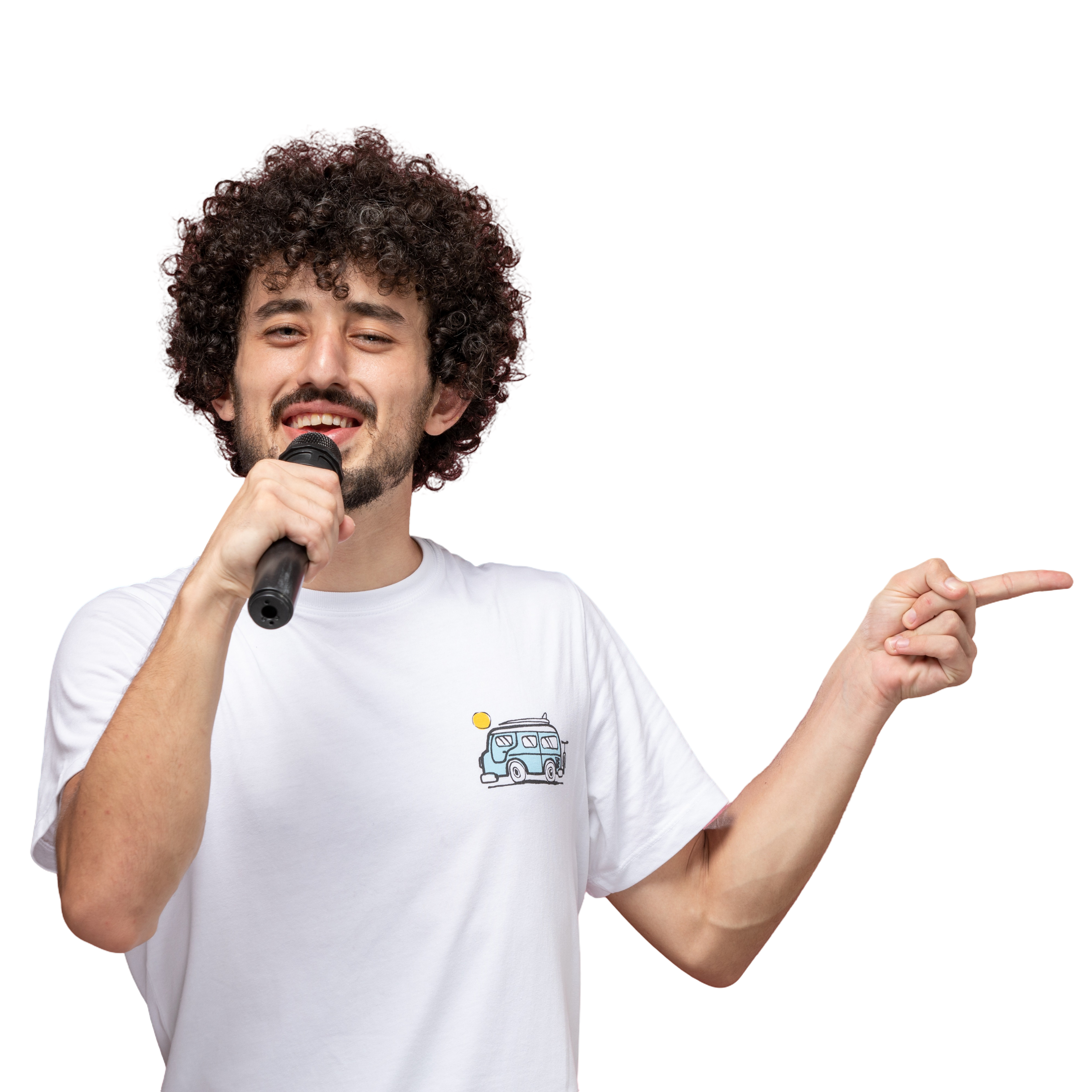 Man with curly hair holding a microphone and pointing to the side on a white background
