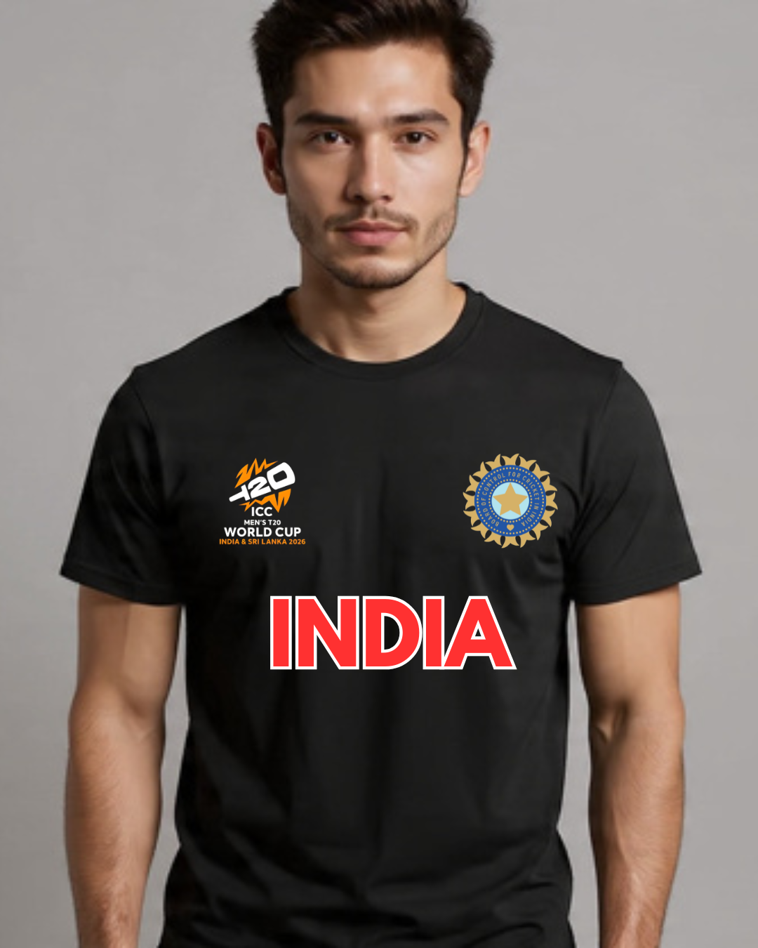 Custom India T20 Fan Tshirt with logo detail.